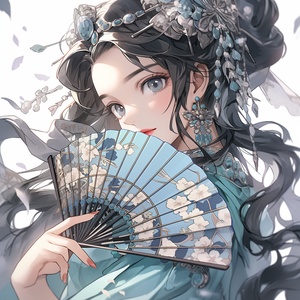 an anime girl dressed in traditional chinese costume and holding a fan, in the style of darkly romantic illustrations, light indigo and light gray, i can't believe how beautiful this is, 32k uhd, traditional chinese painting, exaggerated facialfeatures, dark white and cyan