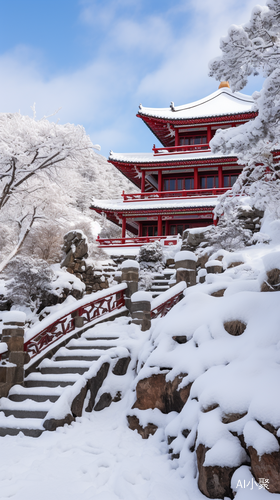 冬天的老君山，被白雪覆盖的群山台阶和主殿显得格外美丽