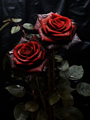 photo of two black roses looking at each other, in the style of photobashing, hauntingly beautiful, dark gray and crimson, flowerpunk, cottagecore, animated gifs, joyful celebration of nature 9:16 ar 9:16