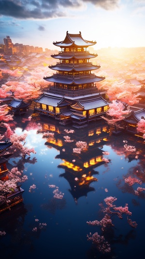 Ancient,Chinese,city,,bright,atmosphere,,bird,'s-eye,view,,detailed,details,,spectrum,,fantasy,,gorgeous,light,effect,,mirror,reflection,,fallingflowers,,lighting,,delicate,texture,,wide,Angle,lenssharp,,32k,ar,4:6niji,5,s,180，Acute and adorable baby white fox witha big fluffy tail， a small butterfly in the a i，peach blossoms flying， There is a peachblossom in the mouth， fot body， holding a pinkflower lay on a cloud in paradise， thereflection， big eyes， Peachblossom， stream， enchanting， im morta， fluffy