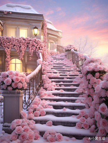 梦幻雪景下的玫瑰花园