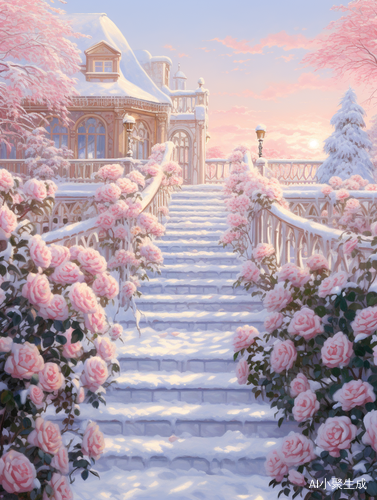 梦幻雪景下的玫瑰花园
