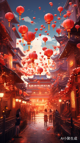 热闹的春节闹市，红色高清场景