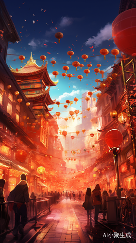 热闹的春节闹市，红色高清场景