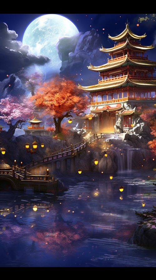 Chinese style, the place where Chinesegods live, at night, mountains and rivers,pavilions, magnificent, lights, bright lights,Chinese style palaces, palaces, inlaid withgold, clouds and mist, fairy air, summer,night, large lights, no dark corners, 3Dfairy game painting style, rich details,high-definition, ice blue, cool colors,shocking scenes, grand,game screenstyle,16kar3:4s 200q5v5.2