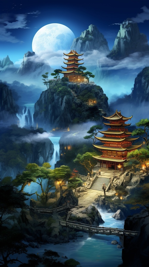 Chinese style, the place where Chinesegods live, at night, mountains and rivers,pavilions, magnificent, lights, bright lights,Chinese style palaces, palaces, inlaid withgold, clouds and mist, fairy air, summer,night, large lights, no dark corners, 3Dfairy game painting style, rich details,high-definition, ice blue, cool colors,shocking scenes, grand,game screenstyle,16kar3:4s 200q5v5.2