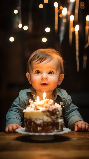 一岁宝宝抬头望着生日蛋糕 元旦节宝宝