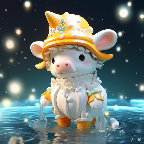 Adorable Cow: White Hat, Human-like, Glowing Clothes