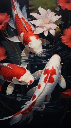 Red and white koi fish in a traditional Chinese painting