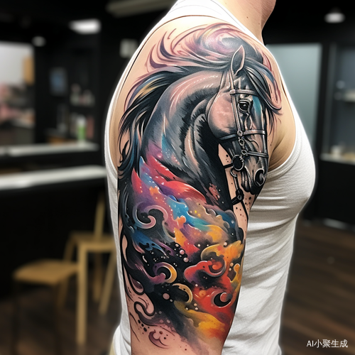 黑色主彩色辅午马手臂纹身