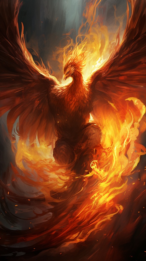 Majestic Phoenix, mythical creature, concept art, fiery aura, majestic, highly detailed, smoke, cinematic lighting, radiant, fantasy, swirling fire, glowing彩色