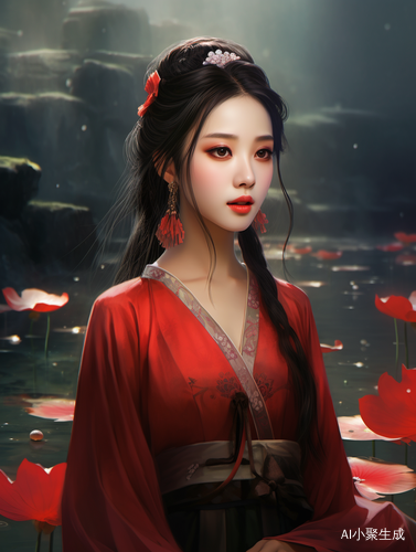 神秘古代女子手持红莲，紫气环绕九幽河畔