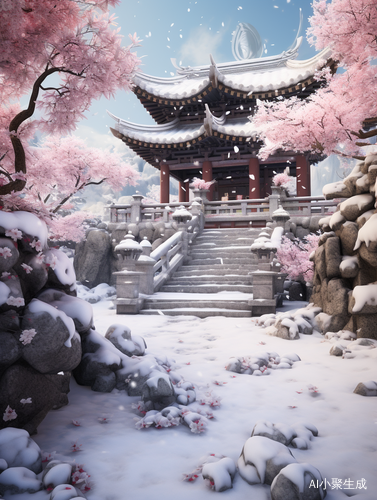 白雪皚皚的日本庭院：盆景樹與閃閃發光的櫻花