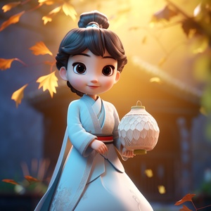 A cute little girl,ancient Chinese bun,clear skin, wearing light blue ancient Chinese costume, ancient packground, wicker, floating leaves, bright hues, soft ight, Disney Pixar 3D style, high quality,3D art, full body Blender, 8k ar 3:4 niji 5