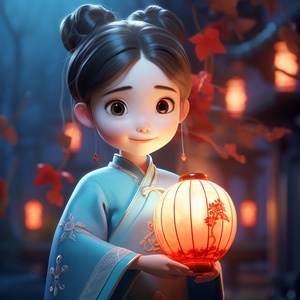 A cute little girl,ancient Chinese bun,clear skin, wearing light blue ancient Chinese costume, ancient packground, wicker, floating leaves, bright hues, soft ight, Disney Pixar 3D style, high quality,3D art, full body Blender, 8k ar 3:4 niji 5