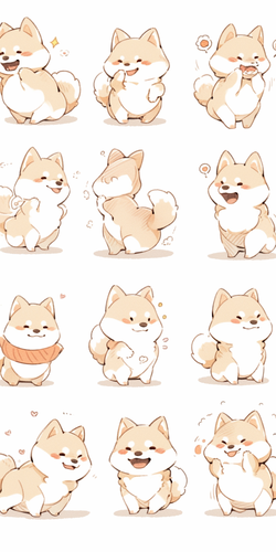 Cute Shiba Inu with Multiple Poss and Expressions: Dark White Line Drawing Style