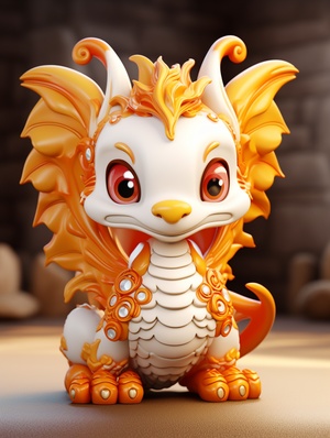 a cute Chinese dragon:2, 4 feet,fly in the sky,super detail,realistic hair,C4D rendering、 IP design,white, orange,resin,3d,blender,fine material rendering,2.5d,bright colors,simple background,detailed rendering,8k,rich detail,front view 3:4