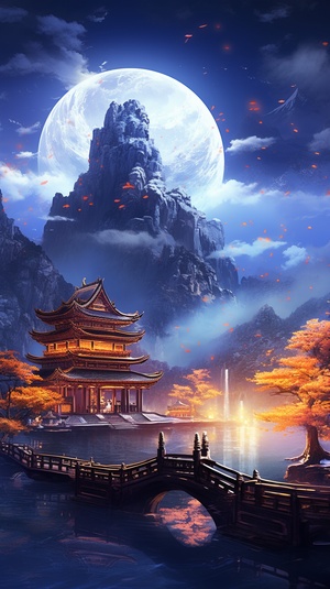 Chinese style, the place where Chinesegods live, at night, mountains and rivers,pavilions, magnificent, lights, bright lights,Chinese style palaces, palaces, inlaid withgold, clouds and mist, fairy air, summer,night, large lights, no dark corners, 3Dfairy game painting style, rich details,high-definition, ice blue, cool colors,shocking scenes, grand,game screenstyle,16kar3:4s 200q5v5.2