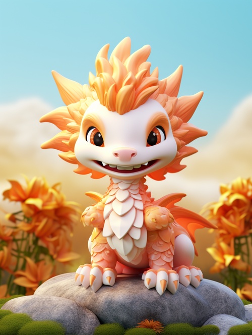 a cute Chinese dragon:2, 4 feet,fly in the sky,super detail,realistic hair,C4D rendering、 IP design,white, orange,pink.resin,3d,blender,fine material rendering,2.5d,bright colors,simple background,detailed rendering,8k,rich detail,front view 3:4