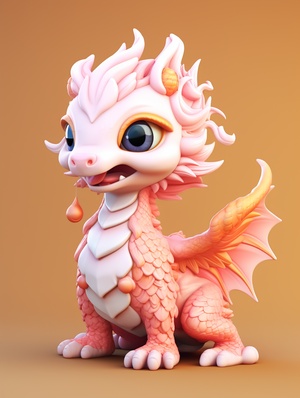 a cute Chinese dragon:2, 4 feet,fly in the sky,super detail,realistic hair,C4D rendering、 IP design,white, orange,pink.resin,3d,blender,fine material rendering,2.5d,bright colors,simple background,detailed rendering,8k,rich detail,front view 3:4