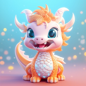 a cute Chinese dragon:2, 4 feet,fly in the sky,Round face，overall Be all glitter，super detail,realistic hair,C4D rendering、 IP design,white, orange,pink.resin,3d,blender,fine material rendering,2.5d,bright colors,simple background,detailed rendering,8k,rich detail,front view 3:4 卡哇伊 超级可爱