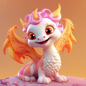 a cute Chinese dragon:2, 4 feet,fly in the sky,Round face，overall Be all glitter，super detail,realistic hair,C4D rendering、 IP design,white, orange,pink.resin,3d,blender,fine material rendering,2.5d,bright colors,simple background,detailed rendering,8k,rich detail,front view 3:4 卡哇伊 超级可爱