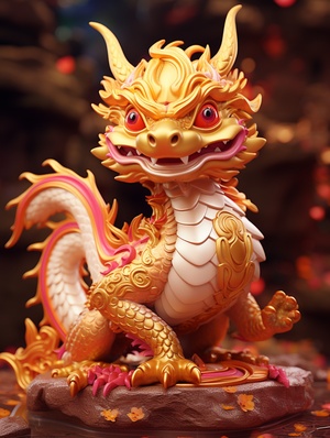 超级可爱的大红色和金色chinesethemed dragon小雕像