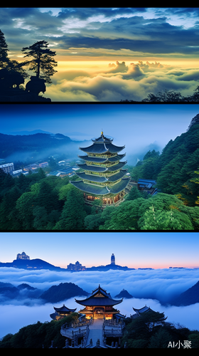 傍晚—峨眉山: 神秘，仙山美景，蓝天白云，苍翠莽莽，茶园古寺，佛教胜地，红叶飘香，雪景如画，流水潺潺，绿竹篱笆，古树参天，城堡楼阁，险峰秀色，缆车穿梭，高山景观，文化历史，淳朴风情