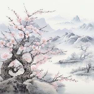 梅花枝头水墨画-婉约细腻墨色浓淡交错的展现