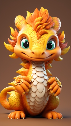 a cute Chinese dragon:2, 4 feet,fly in the sky,super detail,realistic hair,C4D rendering、 IP design,white, orange,resin,3d,blender,fine material rendering,2.5d,bright colors,simple background,detailed rendering,8k,rich detail,front view 3:4