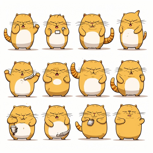 Nine poses and expressions, happy, angled, sadcracking, cut, expected, disappointed, overspeechness, shy, a so cute Garfield cats, Super Obesity, full body, white background, multiple poses and expressions, KeithHarlem'sgraffiti style, sharp illustrations, bold lines andsolid colors, simple details, Minimalism, line artsticker art, simple lines s 750