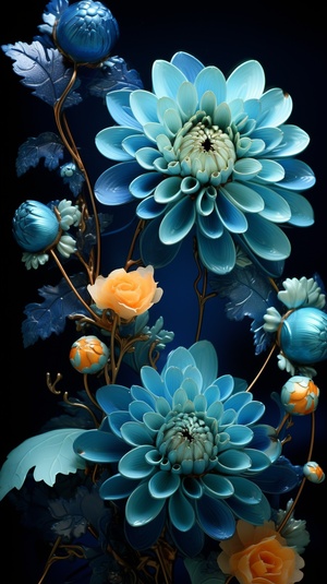 One kind of flower is Cloisonne blue. Its petals are as deep as the sea, and its heart is like dew. There are many green leaves on the branches, and many crystal orange button chrysanthemums. Compared with love, you can feel its loyalty and purity. HD ar 9:16