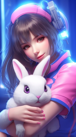 a cute rabbit as D.VA from overwatch, doe eyes and girlfriend material , film accurate, supermodel pose , full-body picture, scene from overwatch, style of fortnite, background art by Makoto Shinkai, detailed, smooth, kleggt doe eyes, vray like a Overwatch style, V-ray