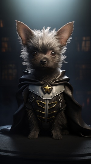 Tiny cute adorable fluffy dog as Batman,2, cinematic scene, 1, Marvel movie, JeanBaptiste Monge, anthropomorphic, soft cinematic lighting, 8k, 3D, photorealistic , Pixar style character, octane render