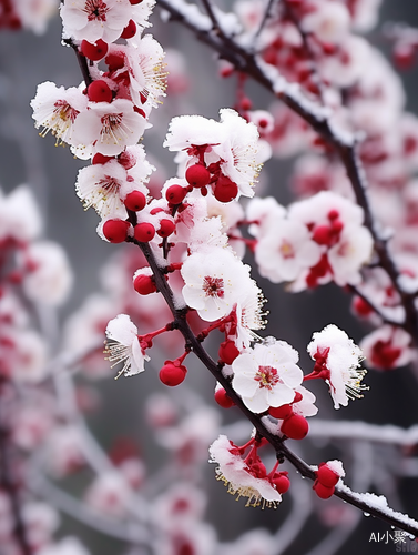 白雪纷飞，红梅傲立：冬日中的芳香与光影