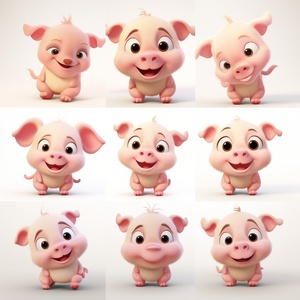 A cute little pig, face close-up, expression close-up, full bodyPiggy expressions and movements, exaggerated movements, happy, angry, sad,Surprised, happy, etc., various emotions, white background, q version,Sticker art design, ultra-high definition, 8k, nine-square layout ar 3:4 niji 5