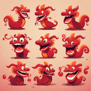 cartoon chinese dragon illustration from the'happy lucky chinese new year' project, Various expressions and movements,red background,Flat color, colorful storytelling， Exquisite details, ultra high definition, 8k,Nine Palace Grid Layout,ar 3:4 niji 5 style cute