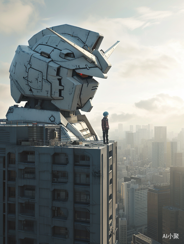 Kid Observes Giant Gundam from Building Top