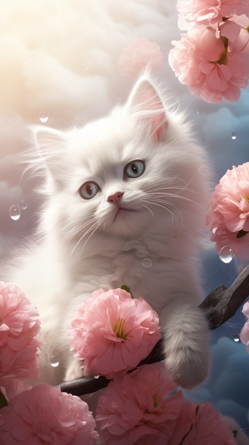 A cute and adorable baby white cat with a big fluffy tail,holding a pink roses lay on a cloud in paradise,big eyes,Peach blossom,stream,enchanting,immortal,fluffy,shiny mane,Petals,fairyism,unreal engine 5 and Octane Render