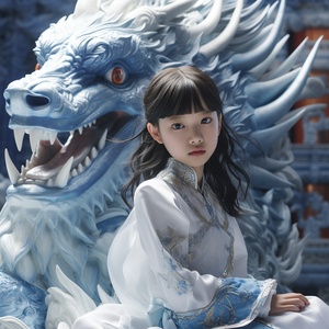 close up,A little Chinese girl sits on a blue-and-white porcelain dragon,6 years old,looks like angelababy,wearing a gorgeous Hanfu, Blue and white porcelain dragon, dream scene, grand scene,minimalism,Chinese dragon,C4D rendering,Surrealism, master works, movie lighting, Ultra HD, fine details, color grading