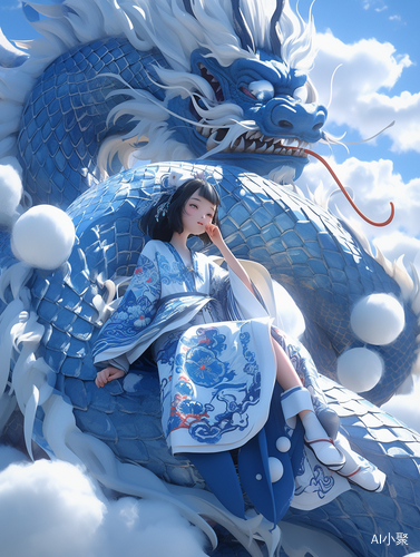 A Little Girl Riding a Blue and White Porcelain Dragon in a Surreal Grand Scene