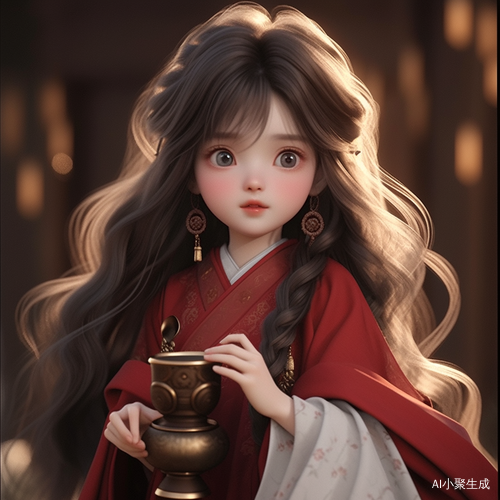 红色汉服中的可爱中国女孩与金元宝