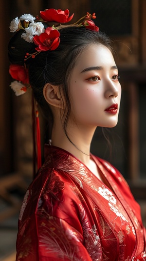 a woman in a red dress with flowers in her hair, palace ， a girl in hanfu, beautiful oriental woman, hanfu, popular korean makeup, traditional beauty, chinese dress, gorgeous chinese model, jingna zhang, chinese costume, white hanfu, beautiful asian woman, asian beautiful face, popular south korean makeup, ancient chinese beauties, traditional chinese, chinese princess