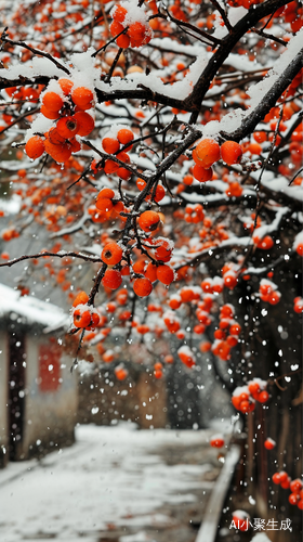 柿子树下的厚白雪花摄影