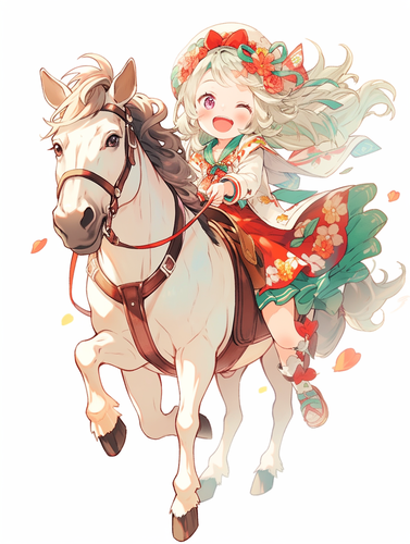 A cute little girl galloping on a horse with a fluttering skirt