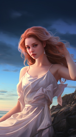 Anime style, 8k, exquisite face, popular, female, full-body shot, harmonious limbs, lighting, showcasing delicate figure and graceful curves, with natural and beautiful posture, by the beautiful seaside.