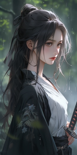 a close up of a woman holding a sword in a forest, artwork in the style of guweiz, stunning anime face portrait, beautiful character painting, guweiz, realistic anime 3 d style, by Yang J, beautiful anime portrait, trending on cgstation, rin tohsaka, anime realism style, realistic anime artstyle, anime style 4 k niji 5 ar 9:16