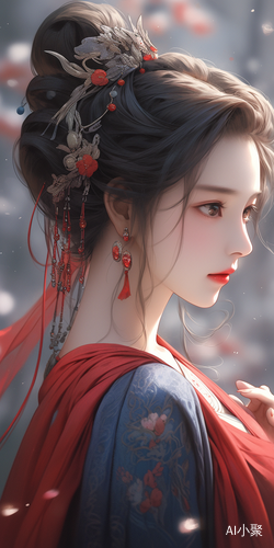 Ancient Chinese Princess in Red and Blue Dress