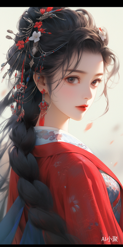 Ancient Chinese Princess in Red and Blue Dress