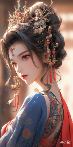 Ancient Chinese Princess in Red and Blue Dress